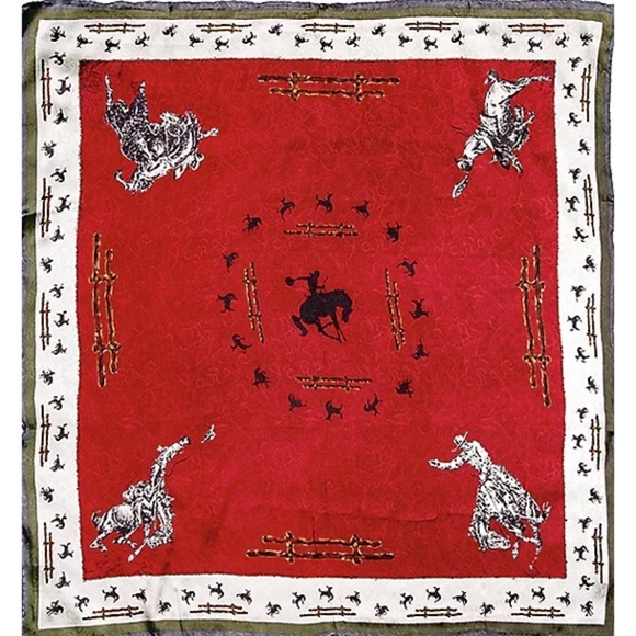 Wyoming Traders Wild Rag Cowboy Horse Fence Print Burgundy Silk Scarf - 34.5" - Picture 1 of 1